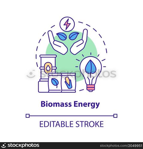 Biomass energy concept icon. Natural renewable materials power abstract idea thin line illustration. Isolated outline drawing. Editable stroke. Roboto-Medium, Myriad Pro-Bold fonts used. Biomass energy concept icon