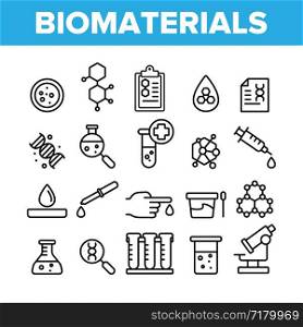 Biomaterials, Medical Analysis Vector Linear Icons Set. Biomaterials Research Outline Cliparts. Chemical Experiment Pictograms Collection. Scientific Laboratory Equipment Thin Line Illustration. Biomaterials, Medical Analysis Vector Linear Icons Set