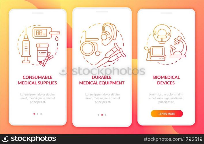 Biomedical devices onboarding mobile app page screen. Humanitarian aid supplies walkthrough 3 steps graphic instructions with concepts. UI, UX, GUI vector template with linear color illustrations. Biomedical devices onboarding mobile app page screen.