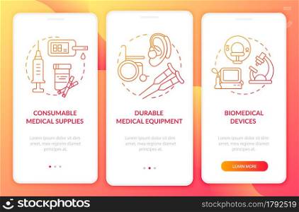 Biomedical devices onboarding mobile app page screen. Humanitarian aid supplies walkthrough 3 steps graphic instructions with concepts. UI, UX, GUI vector template with linear color illustrations. Biomedical devices onboarding mobile app page screen.