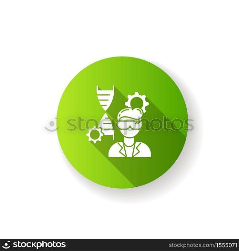 Biomedical engineer green flat design long shadow glyph icon. Biotechnology field specialist. Professional employee to work in medical laboratory. Microbiology work. Silhouette RGB color illustration. Biomedical engineer green flat design long shadow glyph icon