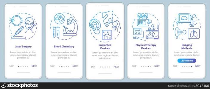 Biomedical engineering onboarding mobile app page screen vector template. Laser surgery. Blood chemistry. Walkthrough website steps with linear illustrations. UX, UI, GUI smartphone interface concept