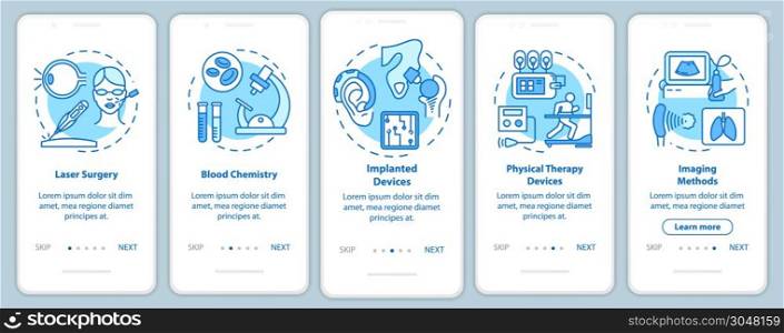 Biomedical engineering onboarding mobile app page screen with linear concepts. Blood chemistry. Five walkthrough steps graphic instructions. Laser surgery. UX, UI, GUI vector template, illustrations