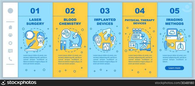 Biomedical engineering onboarding mobile web pages vector template. Laser surgery. Responsive smartphone website interface idea, linear illustrations. Webpage walkthrough step screens. Color concept