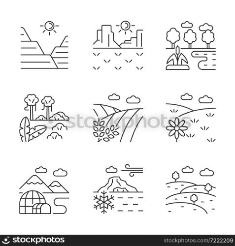 Biomes and landforms linear icons set. Dry and moist climate zones. Northern and southern regions. Customizable thin line contour symbols. Isolated vector outline illustrations. Editable stroke. Biomes and landforms linear icons set
