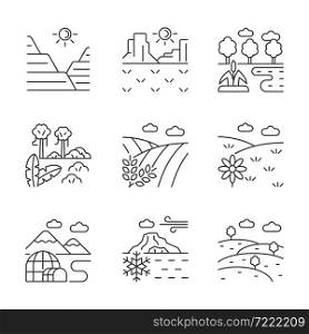 Biomes and landforms linear icons set. Dry and moist climate zones. Northern and southern regions. Customizable thin line contour symbols. Isolated vector outline illustrations. Editable stroke. Biomes and landforms linear icons set