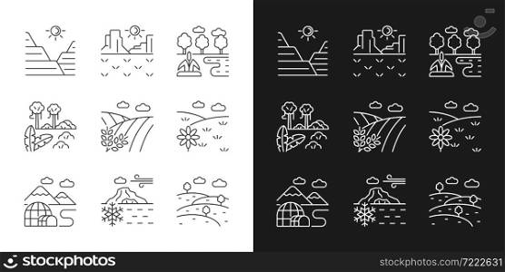 Biomes and landforms linear icons set for dark and light mode. Dry and moist climate zones. Diverse regions. Customizable thin line symbols. Isolated vector outline illustrations. Editable stroke. Biomes and landforms linear icons set for dark and light mode