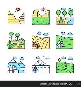 Biomes and landforms RGB color icons set. Dry and moist climate zones. Northern and southern regions. Isolated vector illustrations. Simple filled line drawings collection. Editable stroke. Biomes and landforms RGB color icons set