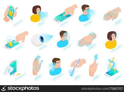 Biometric authentication isometric icons collection with isolated images of human heads hands and smartphones with text vector illustration