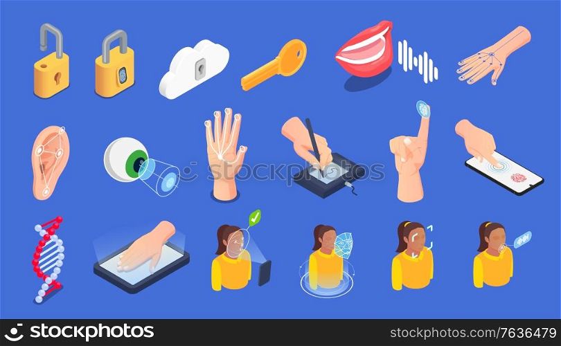 Biometric authentication isometric icons set with fingerprint voice eye face ear dna veins recognition digital signature isolated on blue background 3d vector illustration
