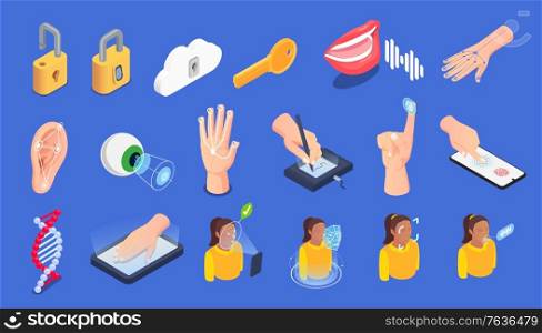 Biometric authentication isometric icons set with fingerprint voice eye face ear dna veins recognition digital signature isolated on blue background 3d vector illustration