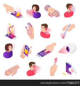 Biometric authentication isometric set with isolated compositions of human head icons with hands and holographic signs vector illustration