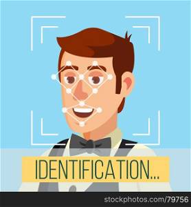 Biometric Face Identification Vector. Human Face With Polygons And Points. Safety Scan Illustration. Face Recognition, Mobile Identification Vector. Electronic Verification. Facial Recognition System Concept. Secure Authentication Illustration