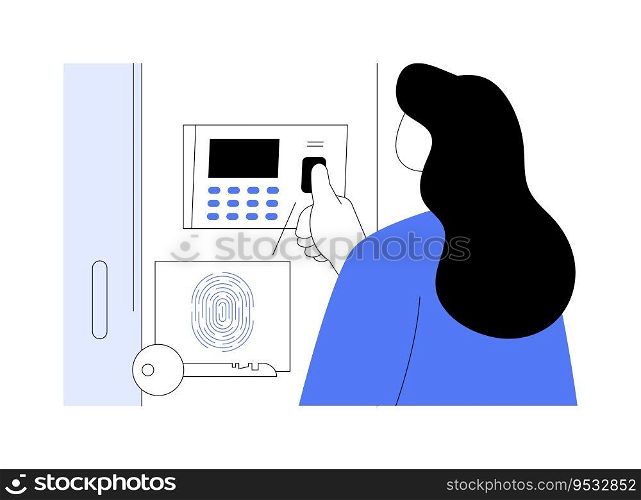 Biometric fingerprint abstract concept vector illustration. Woman using fingerprint scanner, authentication idea, modern business technology, security biometric protection abstract metaphor.. Biometric fingerprint abstract concept vector illustration.