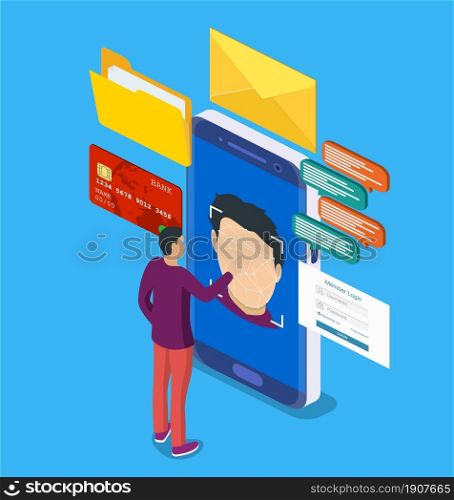 Biometric identification or Facial recognition system concept. Can use for web banner, infographics. Vector illustration in flat style. Face recognition technology concept.