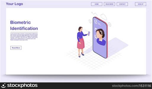 Biometric identification webpage vector template with isometric illustration. Identity verification. Facial ID scanning. Faceprint analysis. Website interface design. Webpage, mobile app 3d concept. Biometric identification webpage vector template with isometric illustration