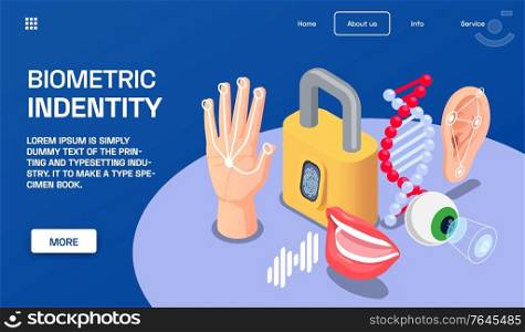 Biometric identity isometric concept with veins matching dna voice face fingerprint recognition 3d vector illustration