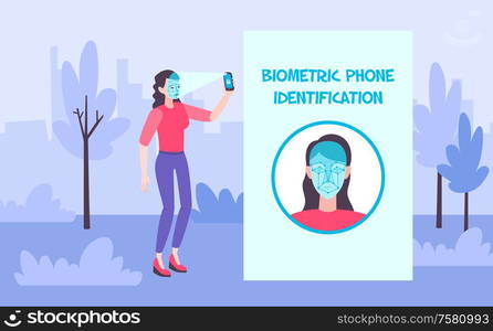 Biometric phone identification composition with text and outdoor scenery with woman unlocking smartphone with face id vector illustration