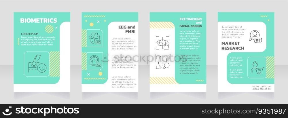 Biometrics green premade brochure template. Decision making. Consumer neuroscience. Neuromarketing research booklet design with icons, copy space. Editable 4 layouts. Josefin Sans, Kanit fonts used. Biometrics blue premade brochure template