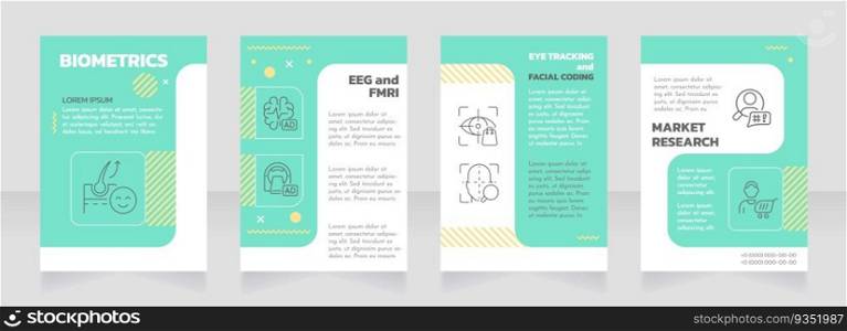 Biometrics green premade brochure template. Decision making. Consumer neuroscience. Neuromarketing research booklet design with icons, copy space. Editable 4 layouts. Josefin Sans, Kanit fonts used. Biometrics blue premade brochure template