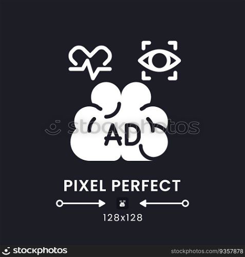Biometrics white solid desktop icon. Ads improvement. Advertising research. Pixel perfect 128x128, outline 4px. Silhouette symbol for dark mode. Glyph pictogram. Vector isolated image. Biometrics white solid desktop icon
