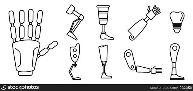 Bionic artificial limbs icons set. Outline set of bionic artificial limbs vector icons for web design isolated on white background. Bionic artificial limbs icons set, outline style