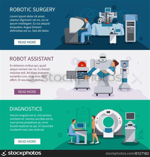 Bionic Banners Set . Bionic banners set of robotic surgery tools and innovational medical diagnostic equipment flat vector illustration