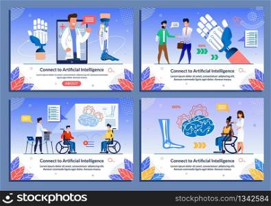 Bionic Body Parts for Disabled Flat Banner Set. Cartoon People with Injure Need Help. Specialist Offer Prostheses. Artificial Intelligence Support. AI Digital Brain. Vector Illustration. Bionic Body Parts for Disabled Flat Banner Set