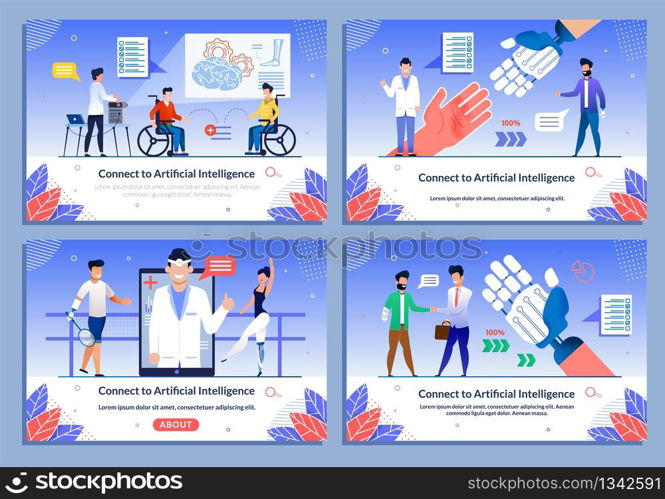 Bionic Prosthetic Limb for Disabled Flat Banner Set. Cartoon People Characters after Rehabilitation. Futuristic AI Technologies for Motor Activity Recovery. Presentation Webpage. Vector Illustration. Bionic Prosthetic Limb for Disabled Banner Set