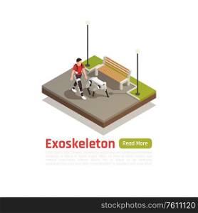 Bionics technologies isometric background with man in exoskeleton suit and robotic dog walking in city park vector illustration