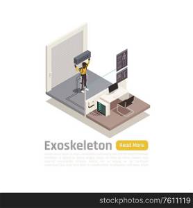 Bionics technology isometric composition illustrated man wearing exoskeleton to ease heavy physical exertion vector illustration