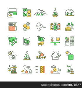 Biophilia RGB color icons set. Cotton material. Forest wallpaper. Mountains with woods. Green home. Interior design decoration, terrarium and plants. Solar energy. Isolated vector illustrations. Biophilia RGB color icons set