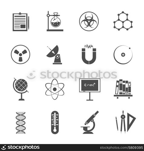 Biophysics experimental science lab research black icons set with dna molecule model pictogram abstract isolated vector illustration. Science icons set black