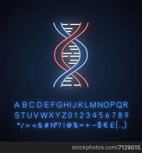 Biophysics neon light icon. Genetics research. DNA helix molecule structure. Biotechnological, genetical engineering. Glowing sign with alphabet, numbers and symbols. Vector isolated illustration