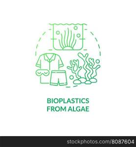 Bioplastics from algae green gradient concept icon. Climate change. Plastic pollution. Sustainable clothing industry idea thin line illustration. Isolated outline drawing. Myriad Pro-Bold font used. Bioplastics from algae green gradient concept icon