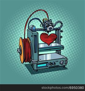 bioprinter prints love heart 3D printer manufacturing. Valentines day and holidays. Comic book cartoon pop art retro illustration vector. bioprinter prints love heart 3D printer manufacturing