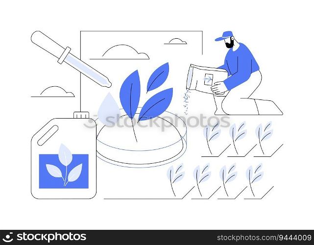 Biostimulants abstract concept vector illustration. Farmer applies biostimulants to plant, agroecology industry, smart and sustainable agriculture, soil management process abstract metaphor.. Biostimulants abstract concept vector illustration.