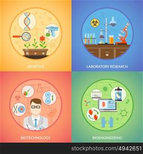 Biotechnology And Genetics 2x2 Design Concept . Biotechnology 2x2 design concept set of genetics bioengineering and laboratory research icons collection flat vector illustration