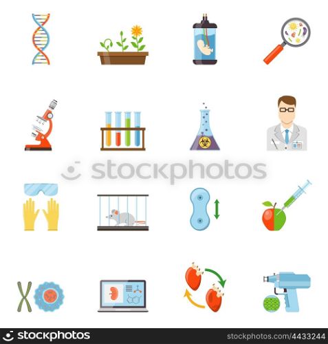 Biotechnology And Genetics Color Icons. Biotechnology and genetics flat color icons set of microscope embryo DNA molecule experiments with animals and plants vector illustration