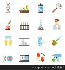 Biotechnology And Genetics Color Icons. Biotechnology and genetics flat color icons set of microscope embryo DNA molecule experiments with animals and plants vector illustration