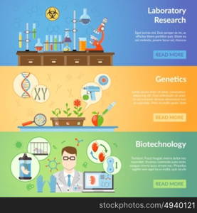 Biotechnology And Genetics Horizontal Banners. Biotechnology and genetics horizontal banners set with elements of biomaterials and laboratory equipment for realization of scientific experiments flat vector illustration