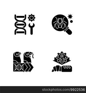 Biotechnology black glyph icons set on white space. Model organism. Genetic engineering. Industrial biotechnology. Scientific laboratory experiment. Silhouette symbols. Vector isolated illustration. Biotechnology black glyph icons set on white space