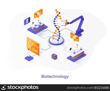 Biotechnology company isometric web banner. Genetic engineering isometry concept. Science research in modern laboratory 3d scene, DNA sequencing flat design. Vector illustration with people characters