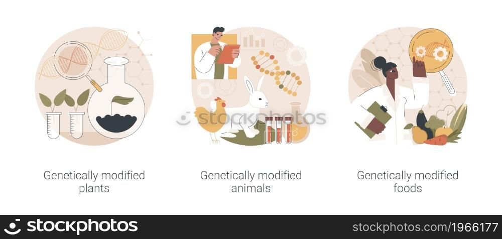 Biotechnology in agriculture abstract concept vector illustration set. Genetically modified plants and animals, GM food industry, gmo farming, transgenic crops, nutrition safety abstract metaphor.. Biotechnology in agriculture abstract concept vector illustrations.
