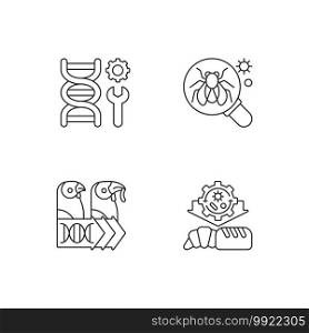 Biotechnology linear icons set. Model organism. Genetic engineering. Industrial biotechnology. Customizable thin line contour symbols. Isolated vector outline illustrations. Editable stroke. Biotechnology linear icons set