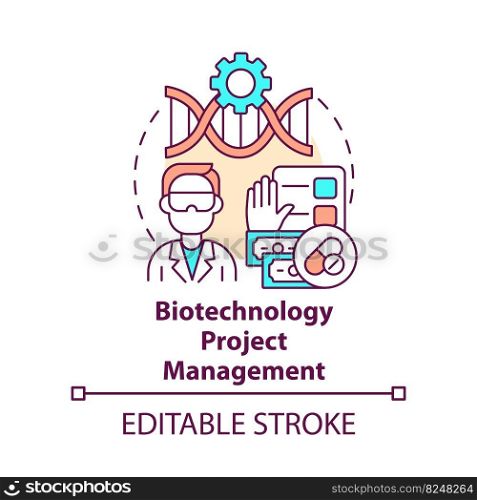 Biotechnology project management concept icon. Scientific specialist abstract idea thin line illustration. Isolated outline drawing. Editable stroke. Arial, Myriad Pro-Bold fonts used. Biotechnology project management concept icon