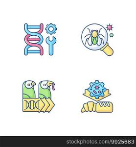 Biotechnology RGB color icons set. Model organism. Genetic engineering. Industrial biotechnology. Scientific laboratory experiment. Evolutionary genetics. Isolated vector illustrations. Biotechnology RGB color icons set