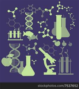 Biotechnology science icons concept, composition of genetic engineering science, nanotechnology science and genetic modification science with microscope. Selfie shots family and couples vector