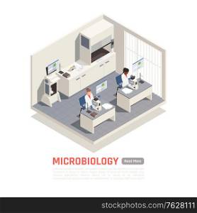 Biotechnology scientists working with microscopes in laboratory 3d isometric vector illustration