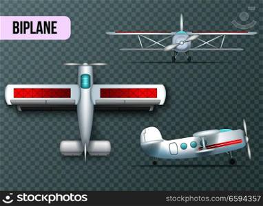 Biplane aircraft two wings airplane top side and front view realistic set transparent background shadow vector illustration . Airplane Views Set Transparent Realistic 